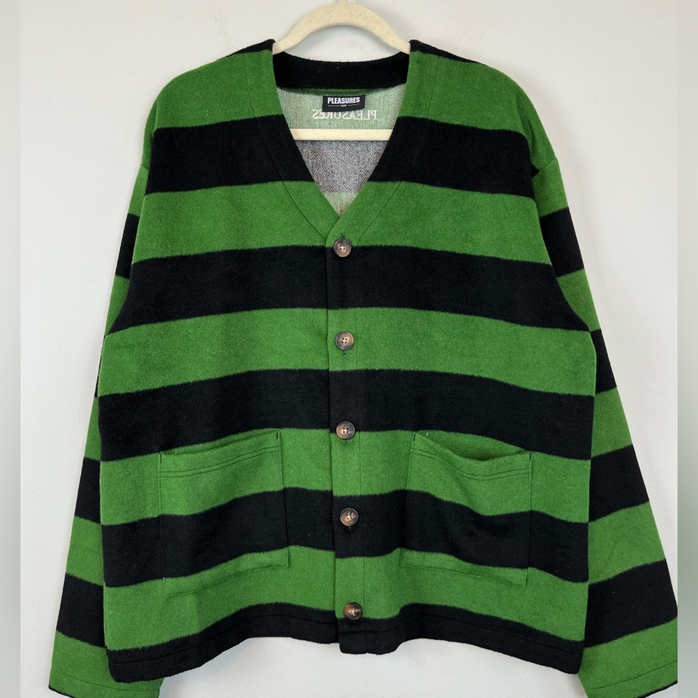 Pleasures Typo Green Striped Sweater Cardigan Size L